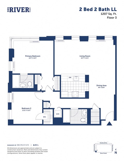 Floor plan for 2 beds, 2 baths, 1207 sqft